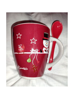 Christmas snowmen Reindeer Trees Mug RED SPOON 8 oz cup V&S Houseware SEE NOTE